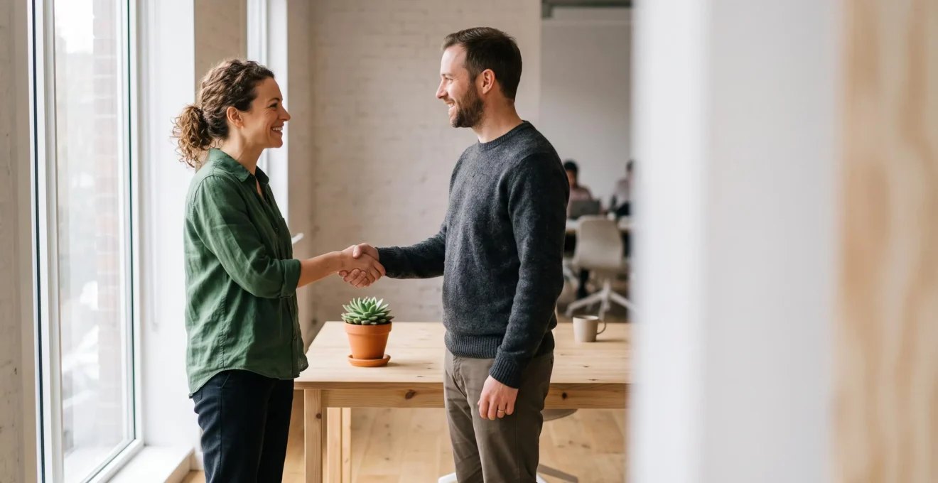 Micro-entrepreneur echangeant chaleureusement avec un premier client dans un espace de travail lumineux, symbole de la conquete organique de clientele
