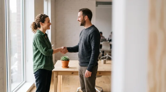 Micro-entrepreneur echangeant chaleureusement avec un premier client dans un espace de travail lumineux, symbole de la conquete organique de clientele
