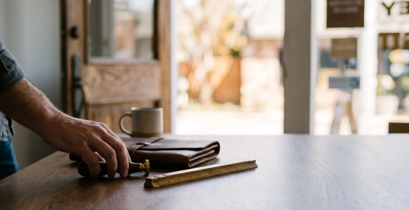 Main d'un entrepreneur posant des outils professionnels sur un bureau en bois, symbolisant la verification d'une autorisation d'exercer