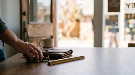 Main d'un entrepreneur posant des outils professionnels sur un bureau en bois, symbolisant la verification d'une autorisation d'exercer
