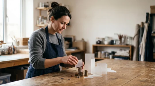 Entrepreneur assemblant symboliquement plusieurs sources de financement pour lancer sa micro-entreprise