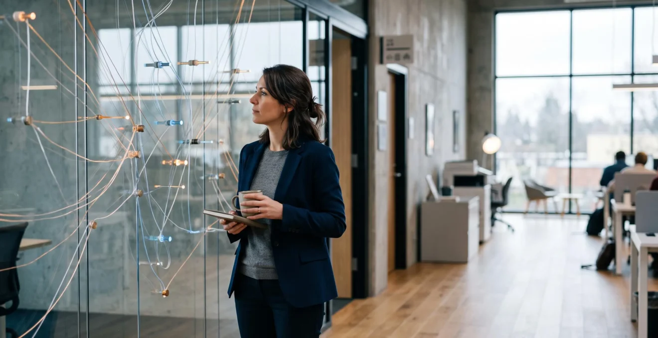 Entrepreneur français consultant une carte lumineuse de dispositifs d'aides régionales et locales, symbolisant les financements cachés de sa micro-entreprise