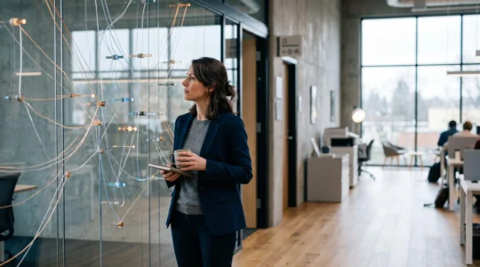 Entrepreneur français consultant une carte lumineuse de dispositifs d'aides régionales et locales, symbolisant les financements cachés de sa micro-entreprise