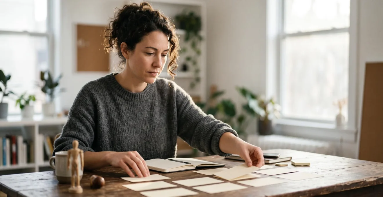 Entrepreneur concentre au petit matin, esquissant sur une table en bois les premieres etapes de son projet vers un premier client