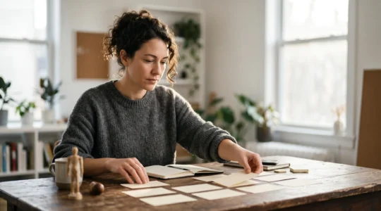 Entrepreneur concentre au petit matin, esquissant sur une table en bois les premieres etapes de son projet vers un premier client