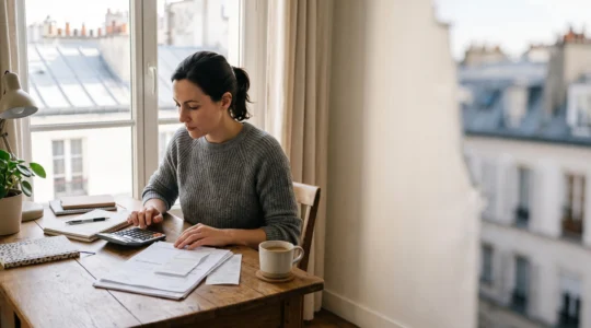Entrepreneur indépendant calculant ses revenus et son impôt à son bureau à domicile