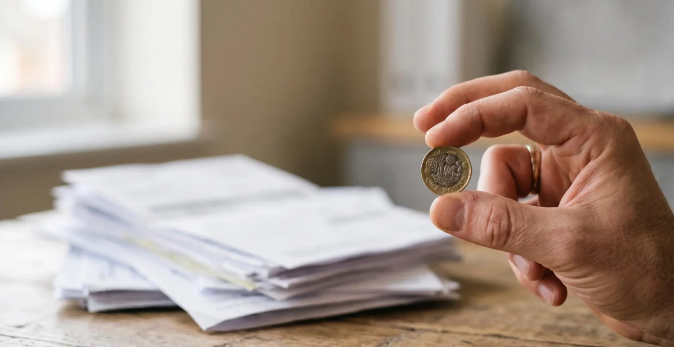 Main tenant une pièce de monnaie avec en arrière-plan flou une pile de documents professionnels, symbolisant l'écart entre le chiffre d'affaires facturé et encaissé en micro-entreprise