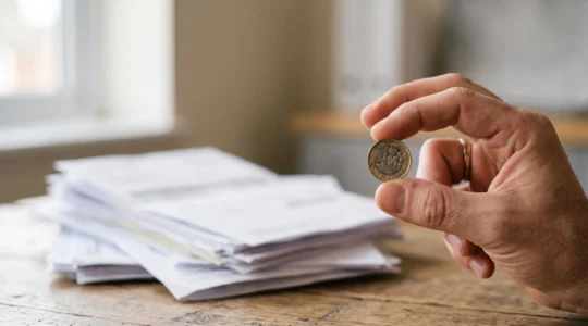 Main tenant une pièce de monnaie avec en arrière-plan flou une pile de documents professionnels, symbolisant l'écart entre le chiffre d'affaires facturé et encaissé en micro-entreprise