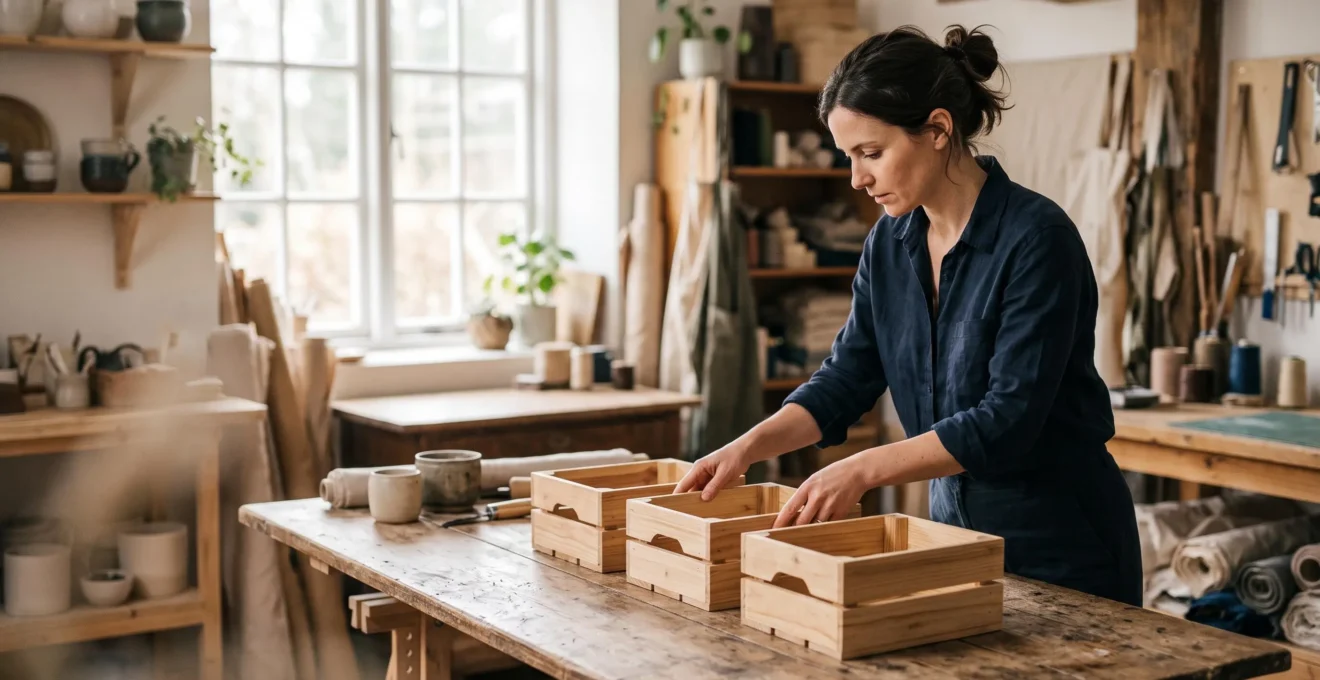 Entrepreneur solo organisant trois objets symboliques dans un atelier lumineux, representant la conquete de ses trois premiers clients payants