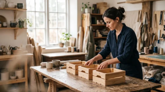 Entrepreneur solo organisant trois objets symboliques dans un atelier lumineux, representant la conquete de ses trois premiers clients payants