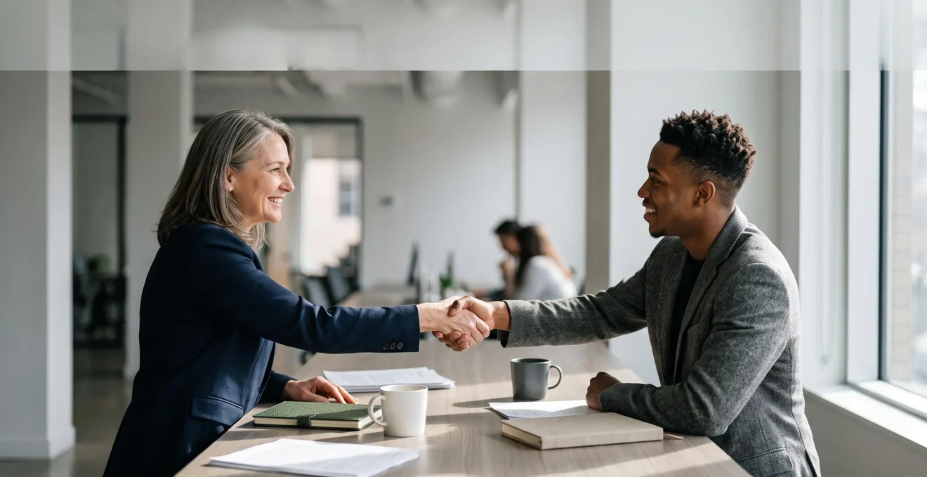 Deux entrepreneurs scellant symboliquement un partenariat stratégique gagnant-gagnant, mains jointes dans une lumière chaleureuse
