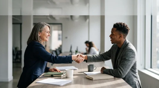 Deux entrepreneurs scellant symboliquement un partenariat stratégique gagnant-gagnant, mains jointes dans une lumière chaleureuse