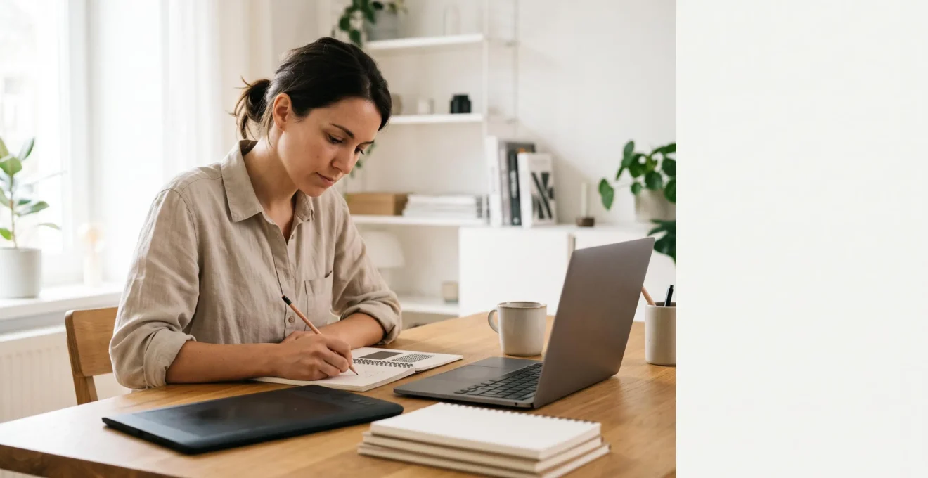 Entrepreneur autodidacte travaillant sur son ordinateur portable dans un espace de travail lumineux, symbolisant le lancement d'une activité en micro-entreprise sans diplôme