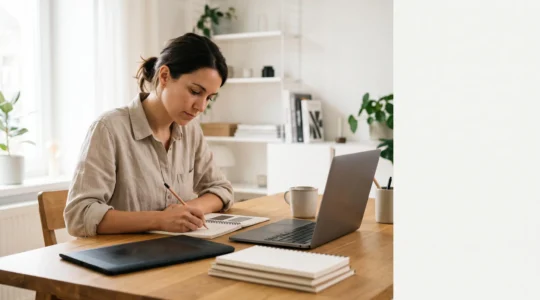 Entrepreneur autodidacte travaillant sur son ordinateur portable dans un espace de travail lumineux, symbolisant le lancement d'une activité en micro-entreprise sans diplôme