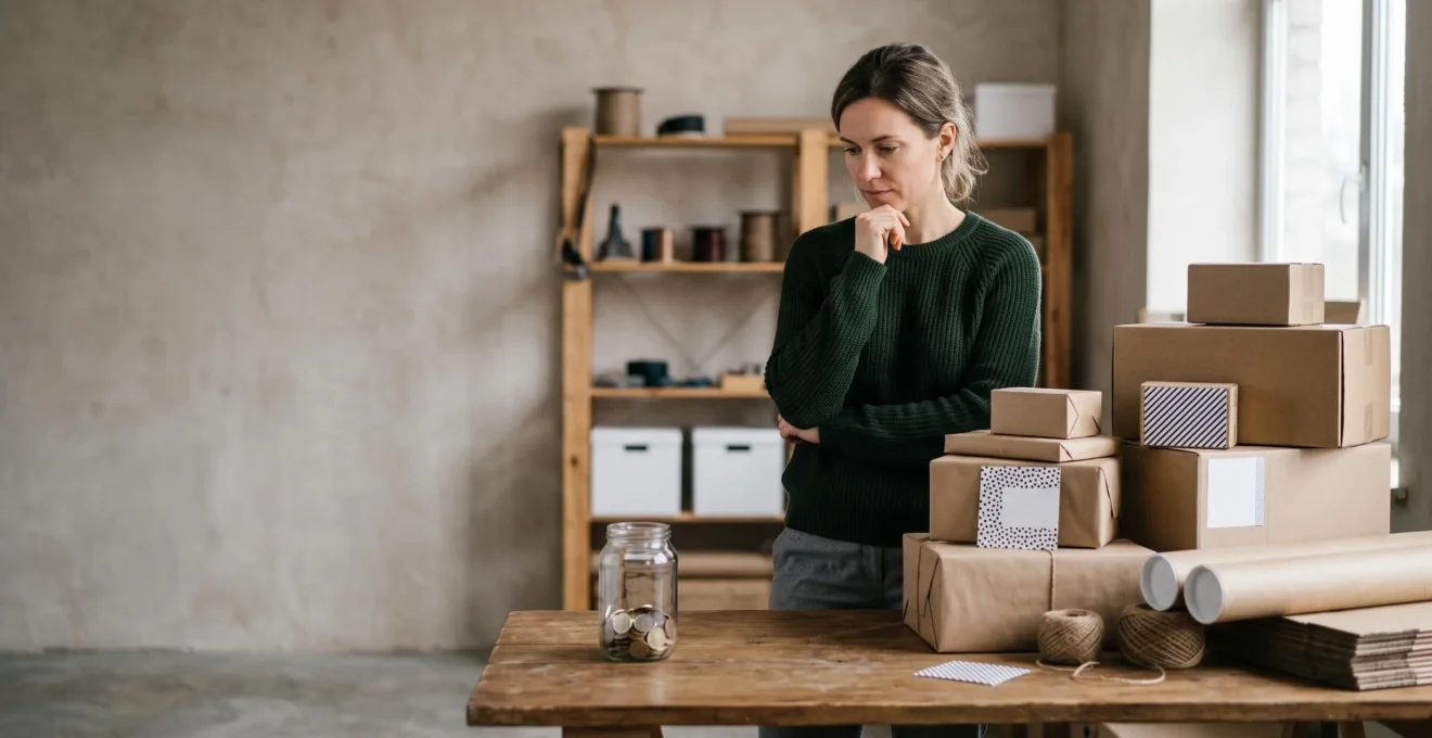 Entrepreneur observant une courbe de croissance tout en tenant une tirelire presque vide, symbole du décalage entre chiffre d'affaires et trésorerie réelle