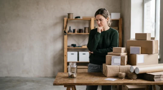 Entrepreneur observant une courbe de croissance tout en tenant une tirelire presque vide, symbole du décalage entre chiffre d'affaires et trésorerie réelle