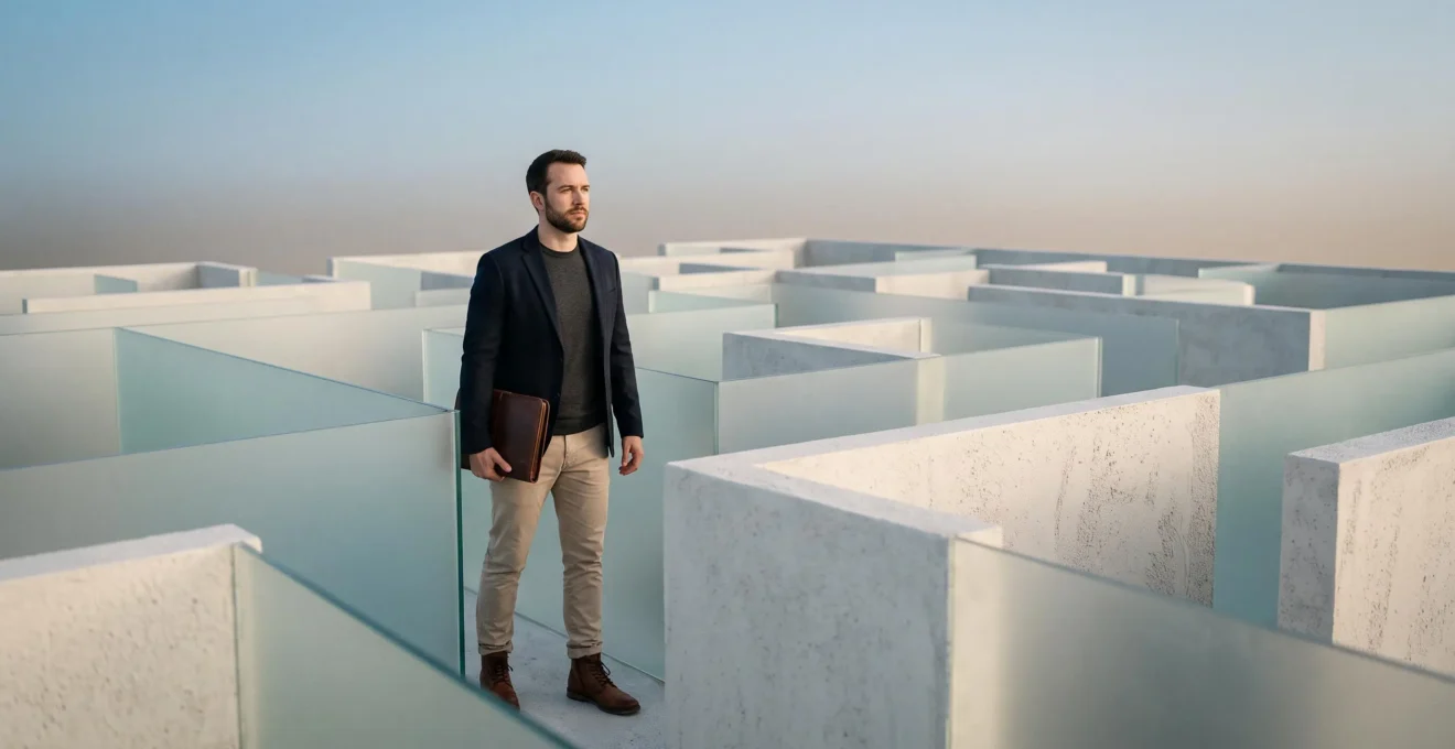 Entrepreneur pensif face a un labyrinthe symbolique representant les demarches administratives numeriques de creation d'entreprise