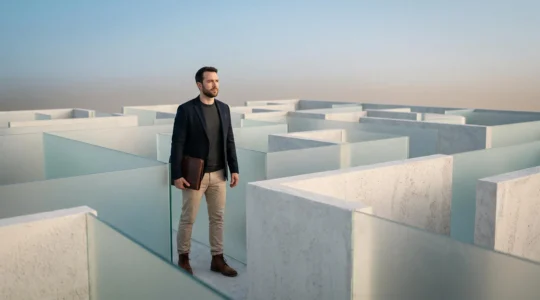 Entrepreneur pensif face a un labyrinthe symbolique representant les demarches administratives numeriques de creation d'entreprise