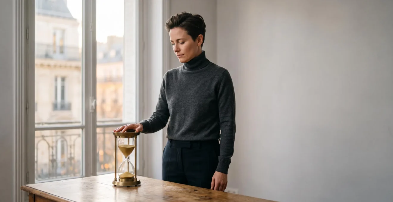 Entrepreneur concentré organisant son temps de travail de manière sereine et maîtrisée, symbole d'efficacité plutôt que de surcharge.