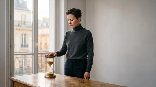 Entrepreneur concentré organisant son temps de travail de manière sereine et maîtrisée, symbole d'efficacité plutôt que de surcharge.