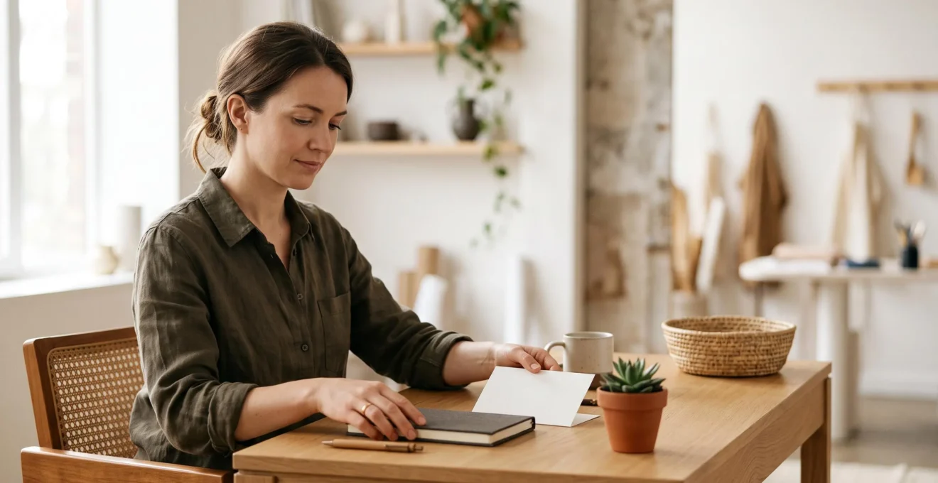 Micro-entrepreneur concentré travaillant à son bureau entouré d'objets neutres symbolisant ses outils professionnels