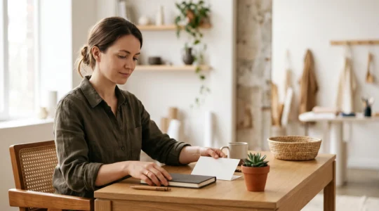 Micro-entrepreneur concentré travaillant à son bureau entouré d'objets neutres symbolisant ses outils professionnels