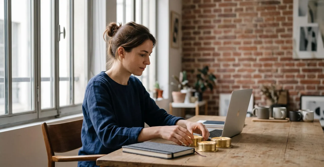 Entrepreneur en micro-entreprise analysant ses indicateurs de performance clés dans un bureau lumineux