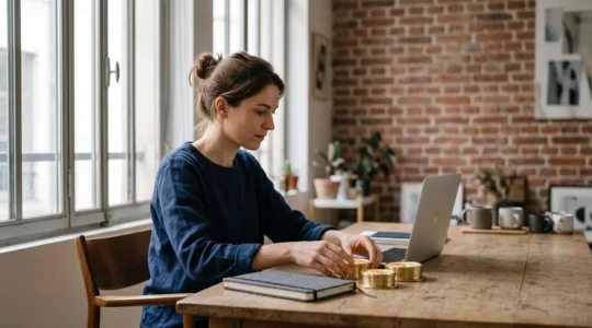 Entrepreneur en micro-entreprise analysant ses indicateurs de performance clés dans un bureau lumineux