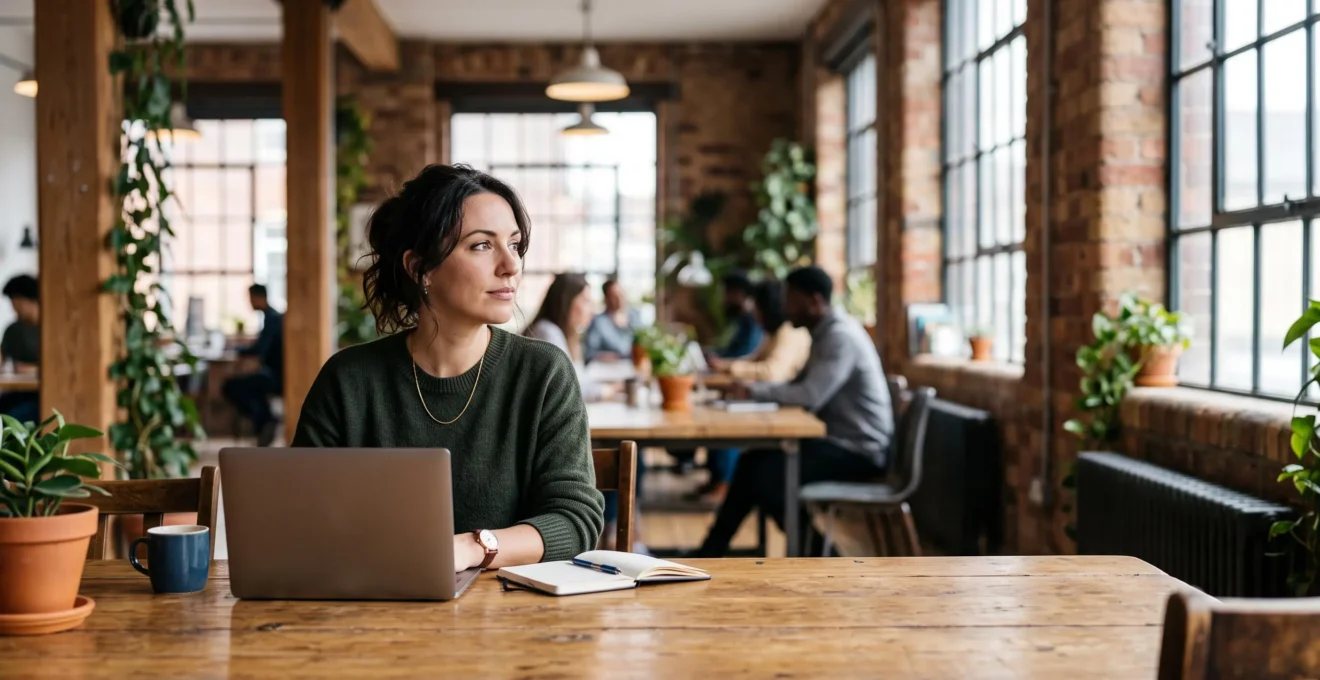 Entrepreneur travaillant seul à une table en bois dans un vaste espace de coworking baigné de lumière naturelle, avec d'autres silhouettes floues en arrière-plan