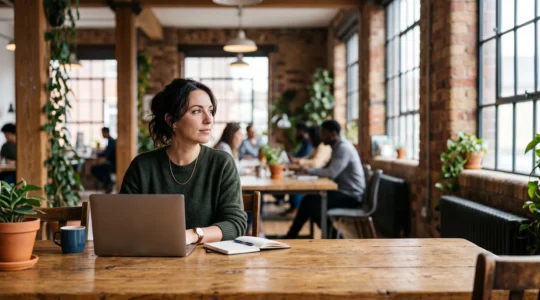 Entrepreneur travaillant seul à une table en bois dans un vaste espace de coworking baigné de lumière naturelle, avec d'autres silhouettes floues en arrière-plan
