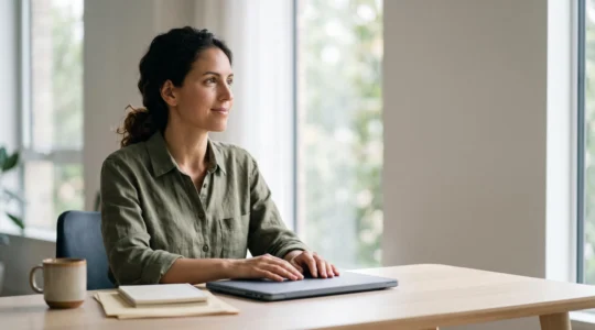 Entrepreneur solo concentré en train de finaliser seul les démarches d'immatriculation de sa micro-entreprise depuis son bureau à domicile