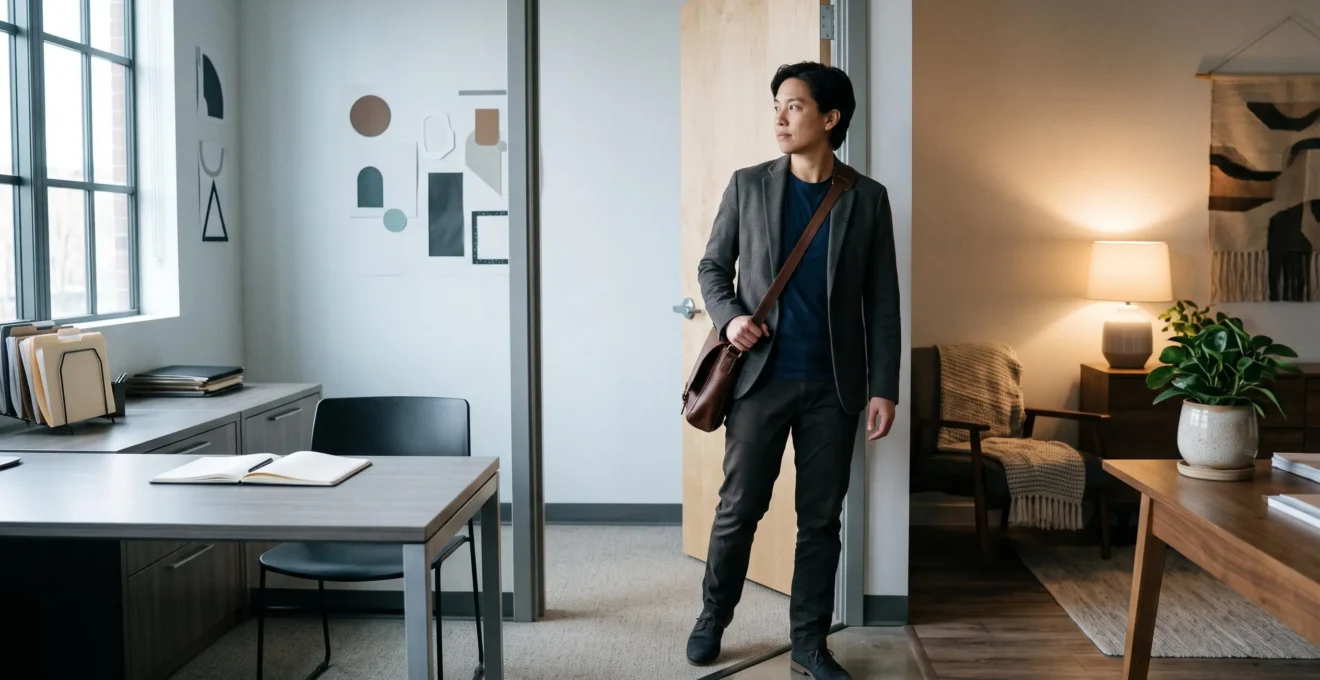 Une personne en tenue professionnelle traverse symboliquement deux univers de travail, illustrant l'équilibre entre un emploi salarié et une activité de micro-entreprise