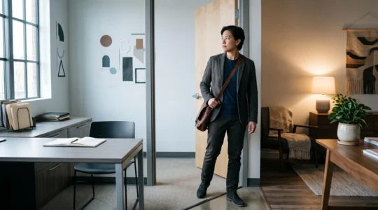 Une personne en tenue professionnelle traverse symboliquement deux univers de travail, illustrant l'équilibre entre un emploi salarié et une activité de micro-entreprise