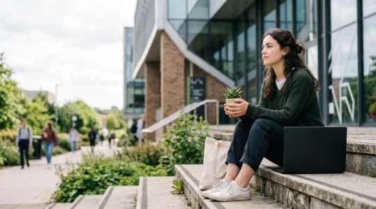 Jeune entrepreneur étudiant en équilibre entre ses études et la création de son entreprise