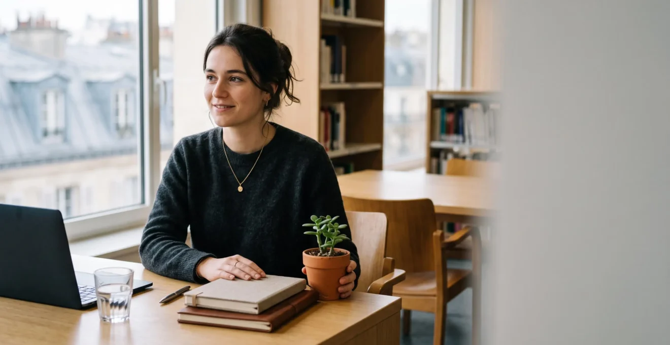 Jeune étudiante entrepreneure en équilibre entre son ordinateur portable fermé et ses affaires de cours, symbolisant la conciliation entre études et micro-entreprise