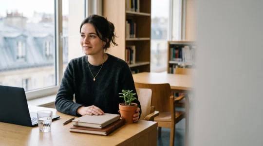 Jeune étudiante entrepreneure en équilibre entre son ordinateur portable fermé et ses affaires de cours, symbolisant la conciliation entre études et micro-entreprise