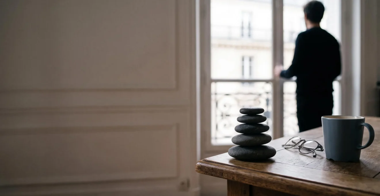 Entrepreneur solitaire observant une balance de pierres en équilibre sur un bureau minimaliste, symbolisant l'évaluation de la rentabilité avant de se lancer