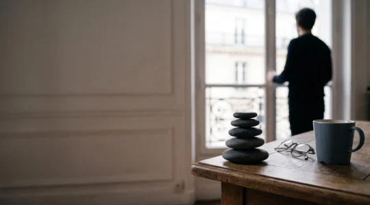 Entrepreneur solitaire observant une balance de pierres en équilibre sur un bureau minimaliste, symbolisant l'évaluation de la rentabilité avant de se lancer