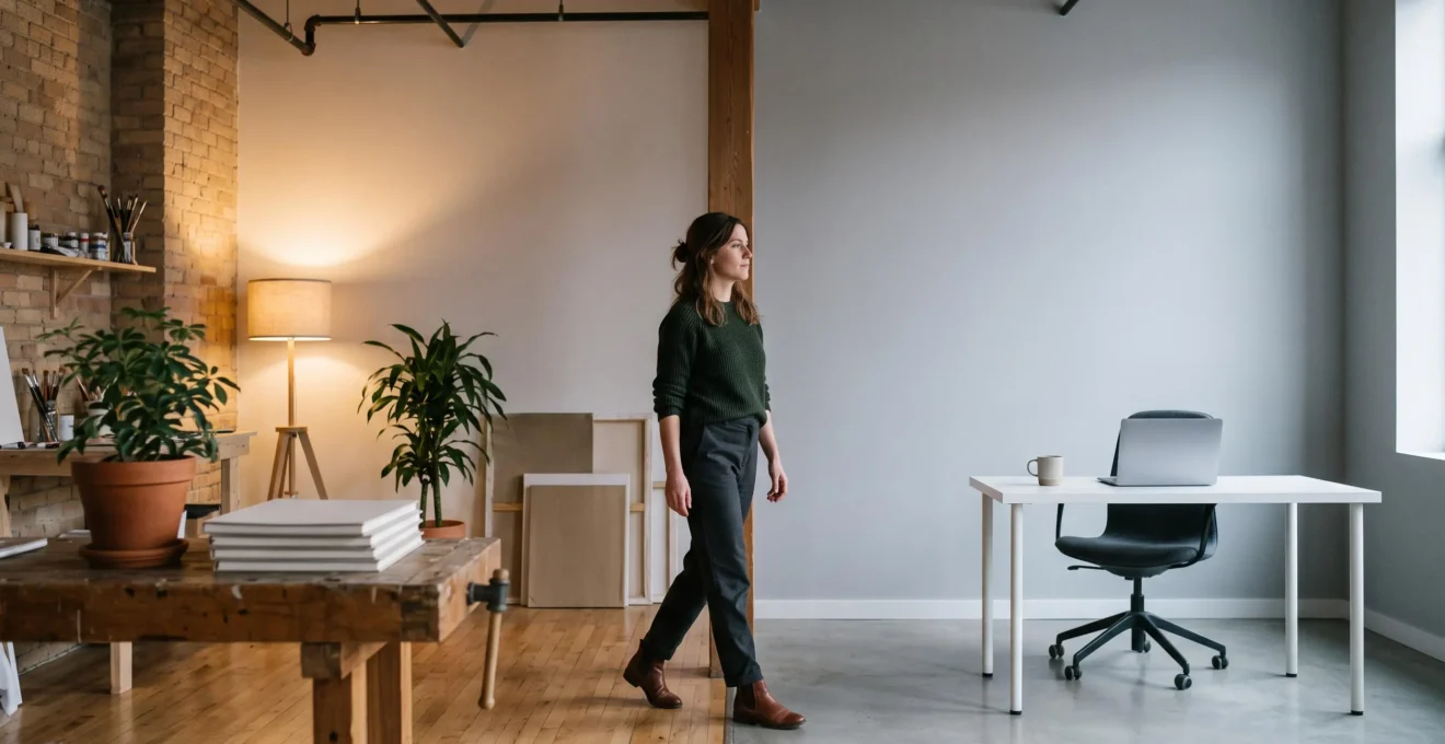 Professionnel se tenant symboliquement entre son bureau salarié et son atelier de micro-entreprise