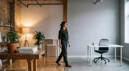 Professionnel se tenant symboliquement entre son bureau salarié et son atelier de micro-entreprise