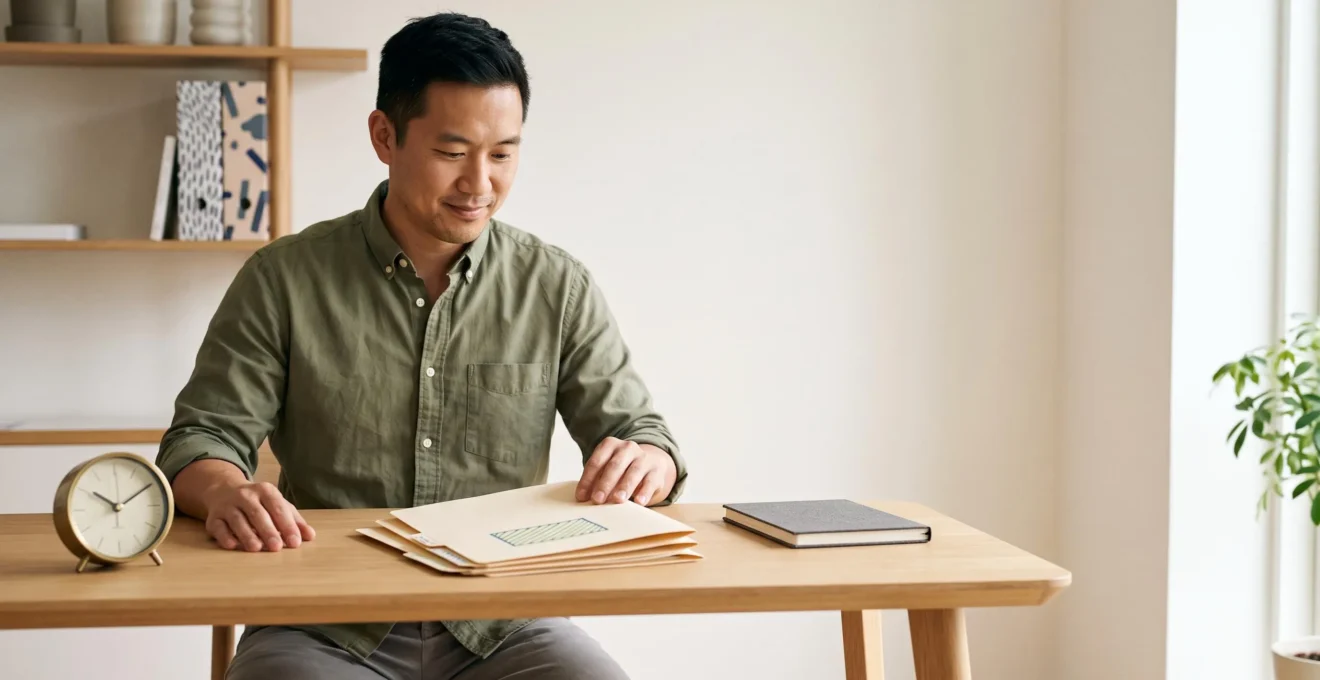 Entrepreneur solo organisant sereinement son activité en quelques gestes simples, symbole d'une gestion administrative allégée