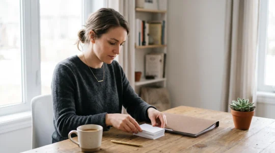 Entrepreneur français préparant les documents de création de sa micro-entreprise sur un bureau lumineux