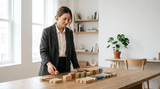 Entrepreneur organisant son temps de travail dans un espace lumineux et épuré, symbole de maîtrise du planning digital