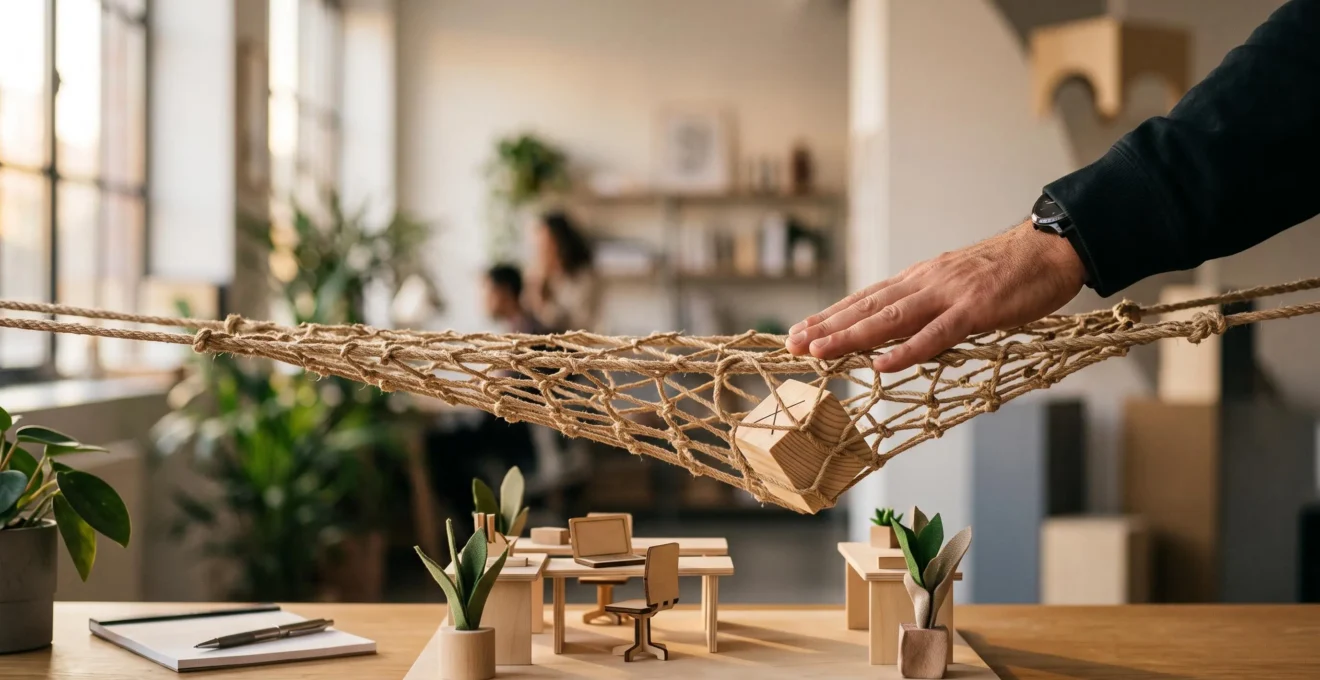 Illustration symbolique d'un entrepreneur protégé par un filet de sécurité juridique lors d'un conflit professionnel