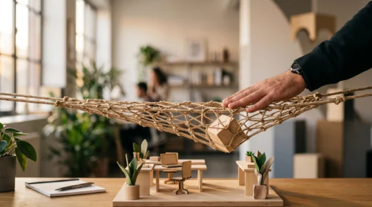 Illustration symbolique d'un entrepreneur protégé par un filet de sécurité juridique lors d'un conflit professionnel