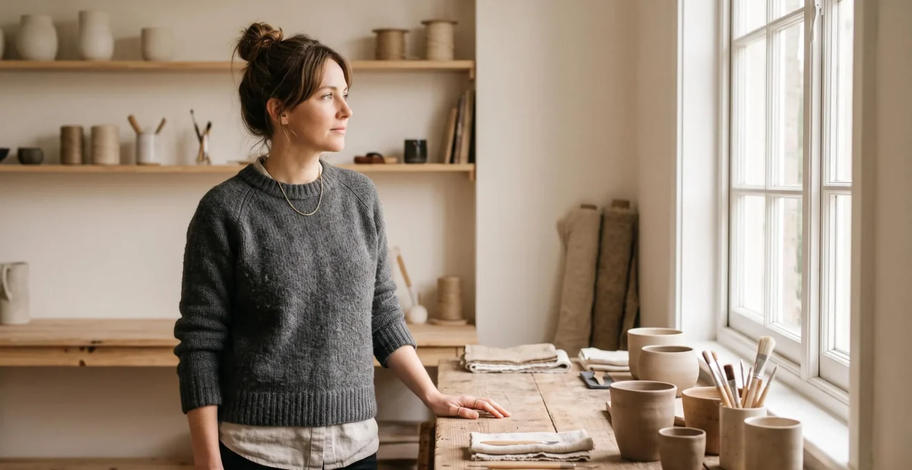 Micro-entrepreneur serein dans son espace de travail, symbolisant l'equilibre entre liberte entrepreneuriale et protection sociale