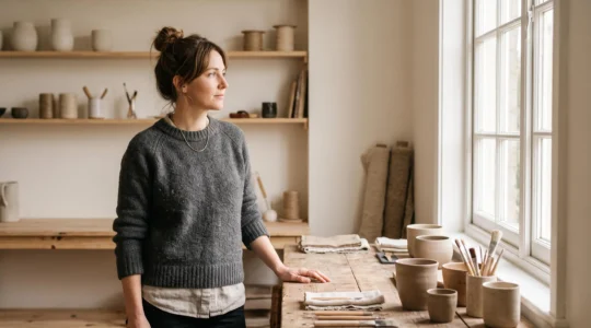 Micro-entrepreneur serein dans son espace de travail, symbolisant l'equilibre entre liberte entrepreneuriale et protection sociale