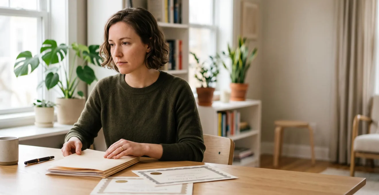 Entrepreneur independant examinant ses diplomes et certifications avant de lancer son activite en micro-entreprise