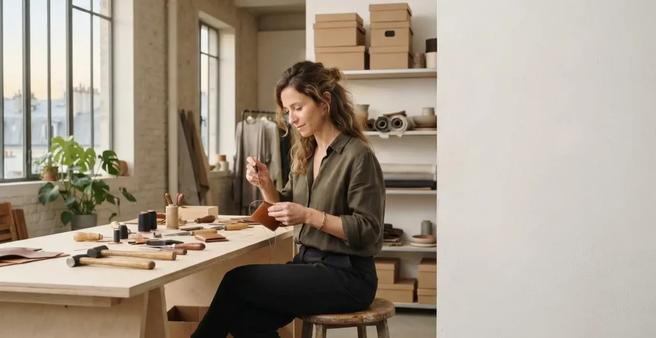 Entrepreneur indépendant travaillant sereinement dans un atelier lumineux, symbolisant la simplicité du régime micro-social
