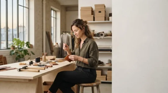 Entrepreneur indépendant travaillant sereinement dans un atelier lumineux, symbolisant la simplicité du régime micro-social
